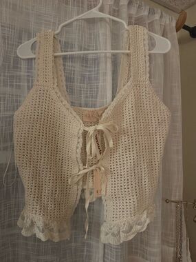 Cream Crochet Lace-Trim Tie Front Crop Top